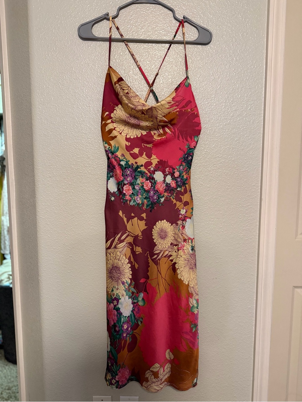 Aakaa Floral Satin Slip Dress in Wine, Gold and Green - worn once